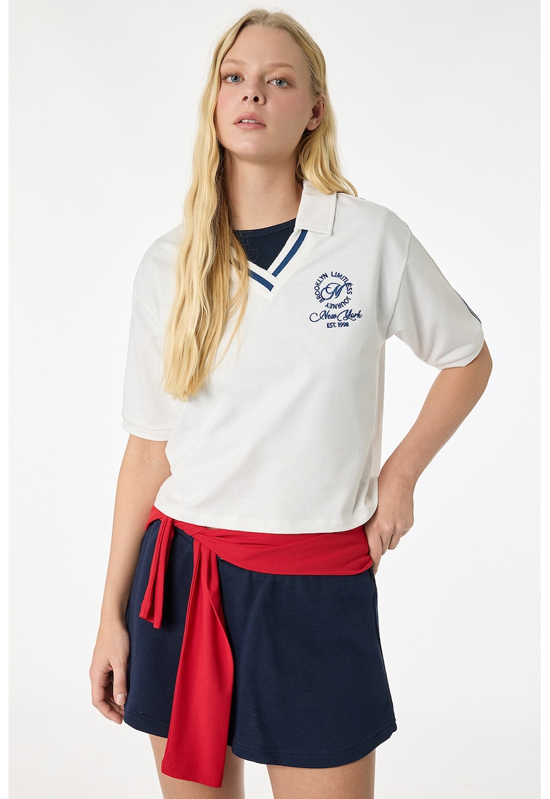 Tricou polo cu decolteu in V - Alb