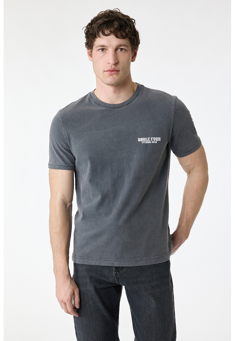 Tricou cu decolteu la baza gatului si text - Gri inchis melange