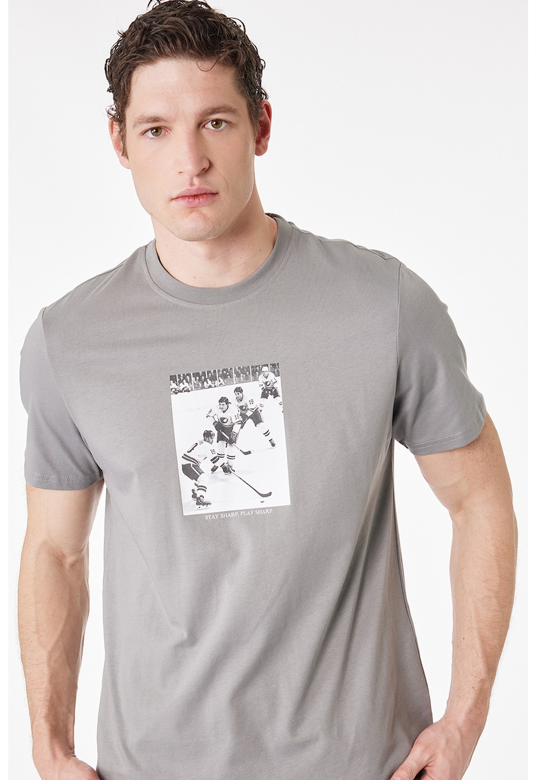 Tricou cu imprimeu foto si maneci cazute - Gri cenusiu