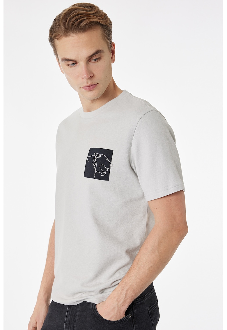 Tricou cu decolteu la baza gatului si imprimeu discret - Gri deschis