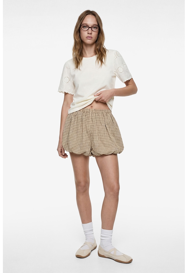 Tricou din bumbac cu maneci brodate - Crem