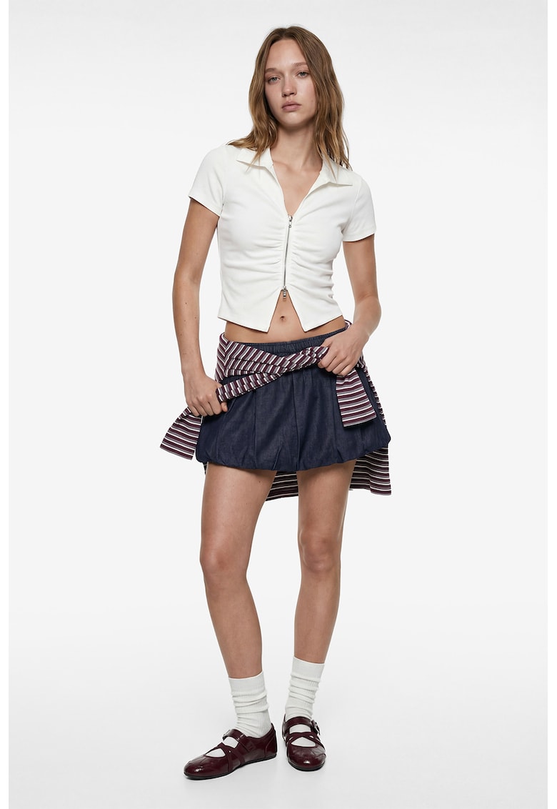 Tricou crop cu croiala cambrata - fermoar si guler - Alb murdar