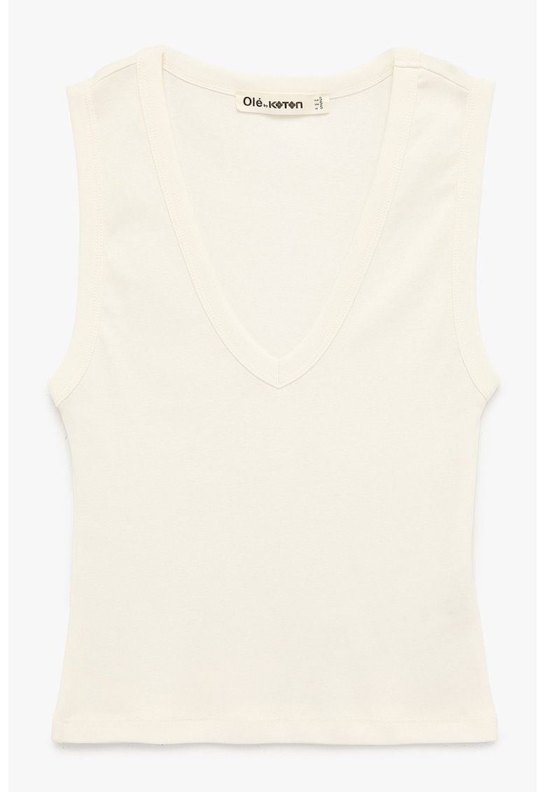 Top slim-fit cu decolteu in V - Alb murdar