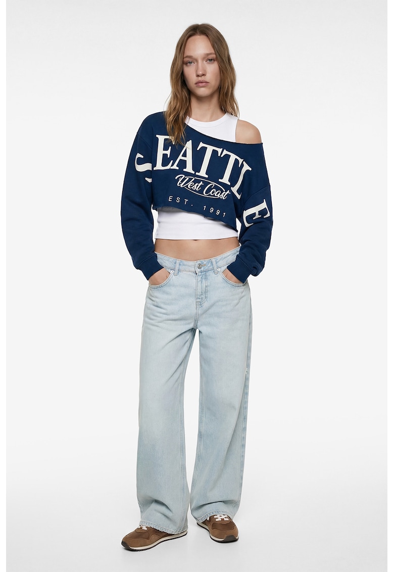 Tricou crop cu decolteu pe un umar - Albastru petrol