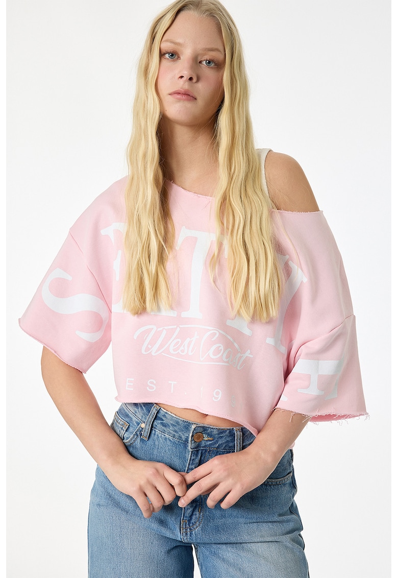 Tricou crop cu croiala supradimensionata si imprimeu - Roz deschis
