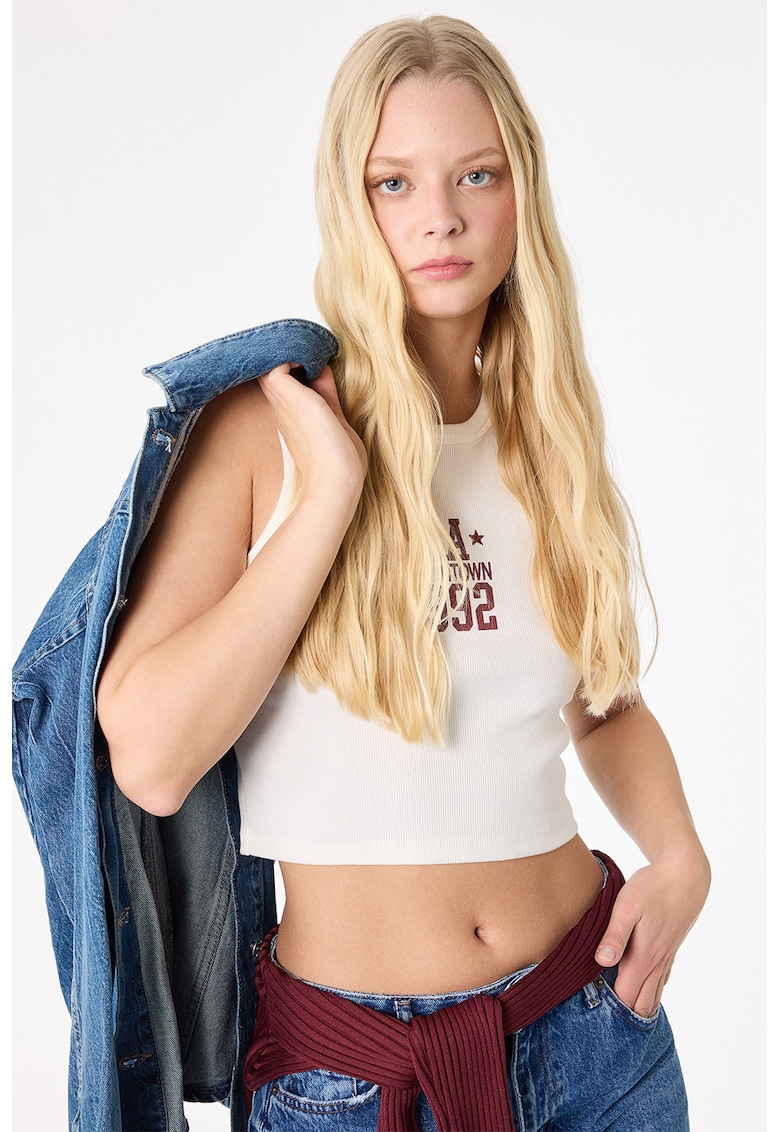 Top crop cu imprimeu text - Alb/Visiniu