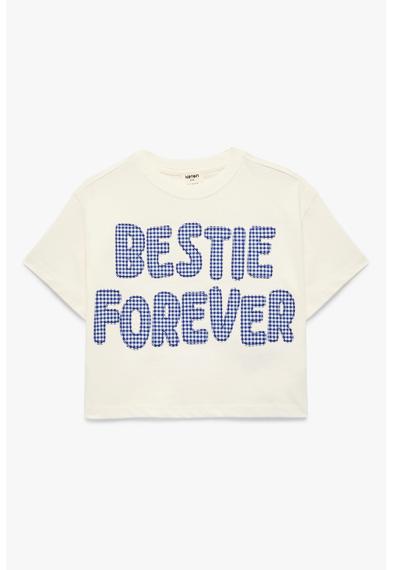 Tricou crop cu broderie text - Crem