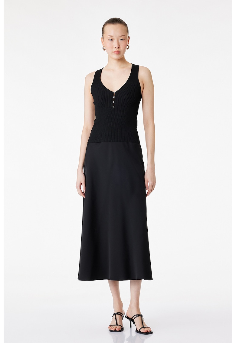 Fusta midi cu aspect de satin si croiala pe bie - Negru