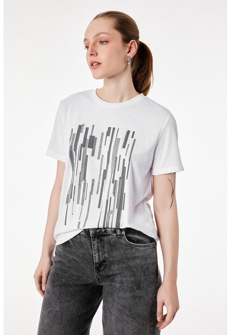 Tricou cu decolteu la baza gatului si imprimeu grafic - Alb