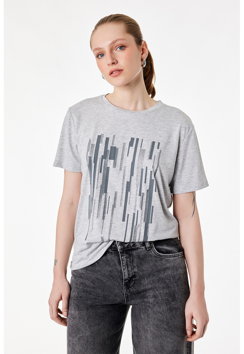 Tricou cu decolteu la baza gatului si imprimeu grafic - Gri deschis