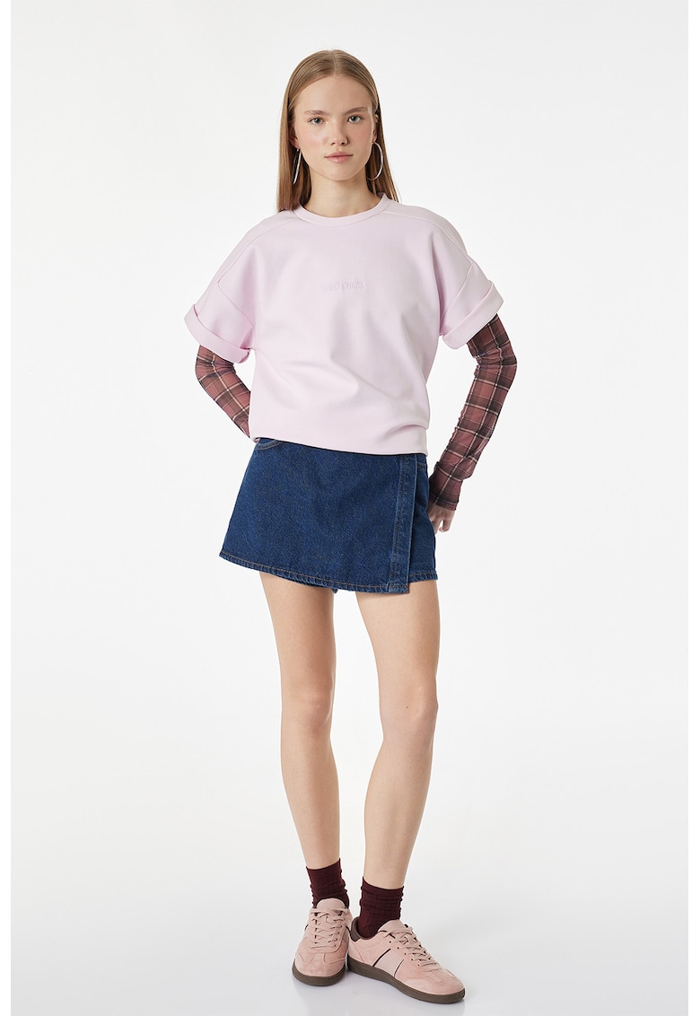 Tricou supradimensionat cu broderie text - Roz deschis