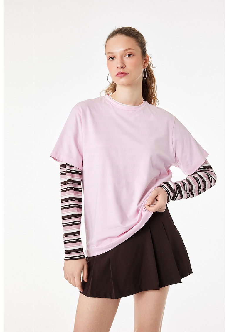 Tricou din amestec de bumbac cu decolteu la baza gatului - Roz deschis