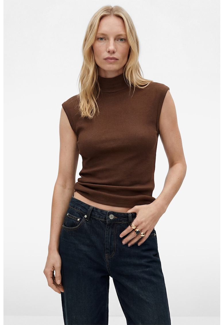 Tricou slim-fit cu guler inalt - fara maneci - Maro pamantiu