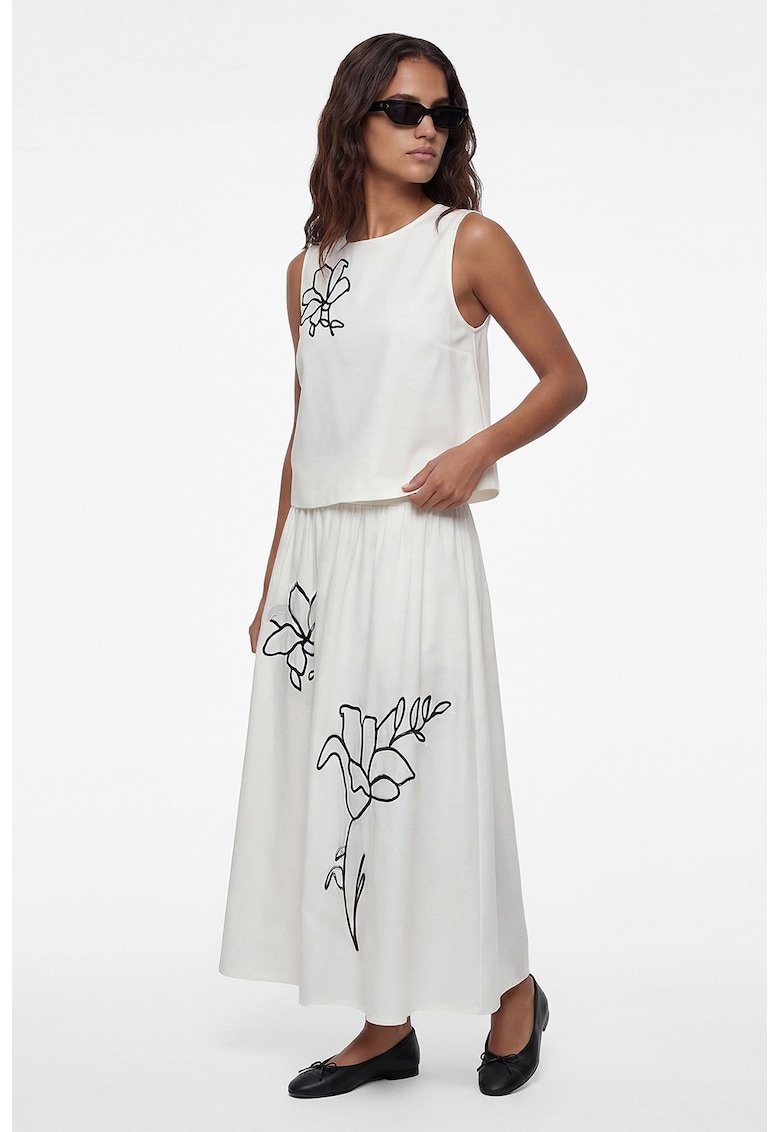 Fusta midi din amestec de in cu croiala evazata si broderie florala - Alb murdar