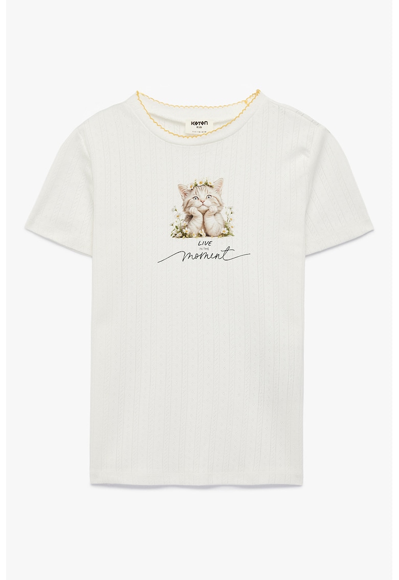 Tricou striat cu imprimeu pisica - Alb murdar