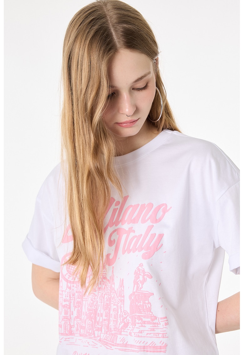 Tricou de bumbac cu imprimeu text - Roz pastel/Alb optic
