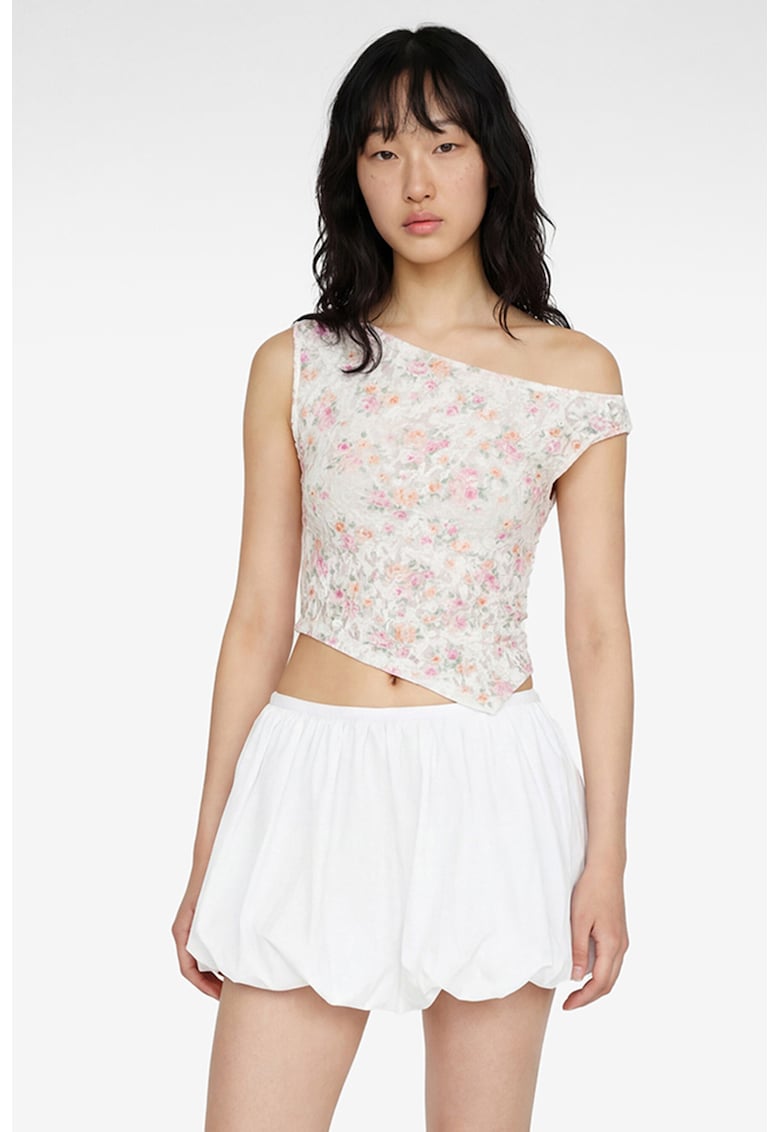 Top asimetric cu model floral - Galben pal/Piersica/Alb murdar