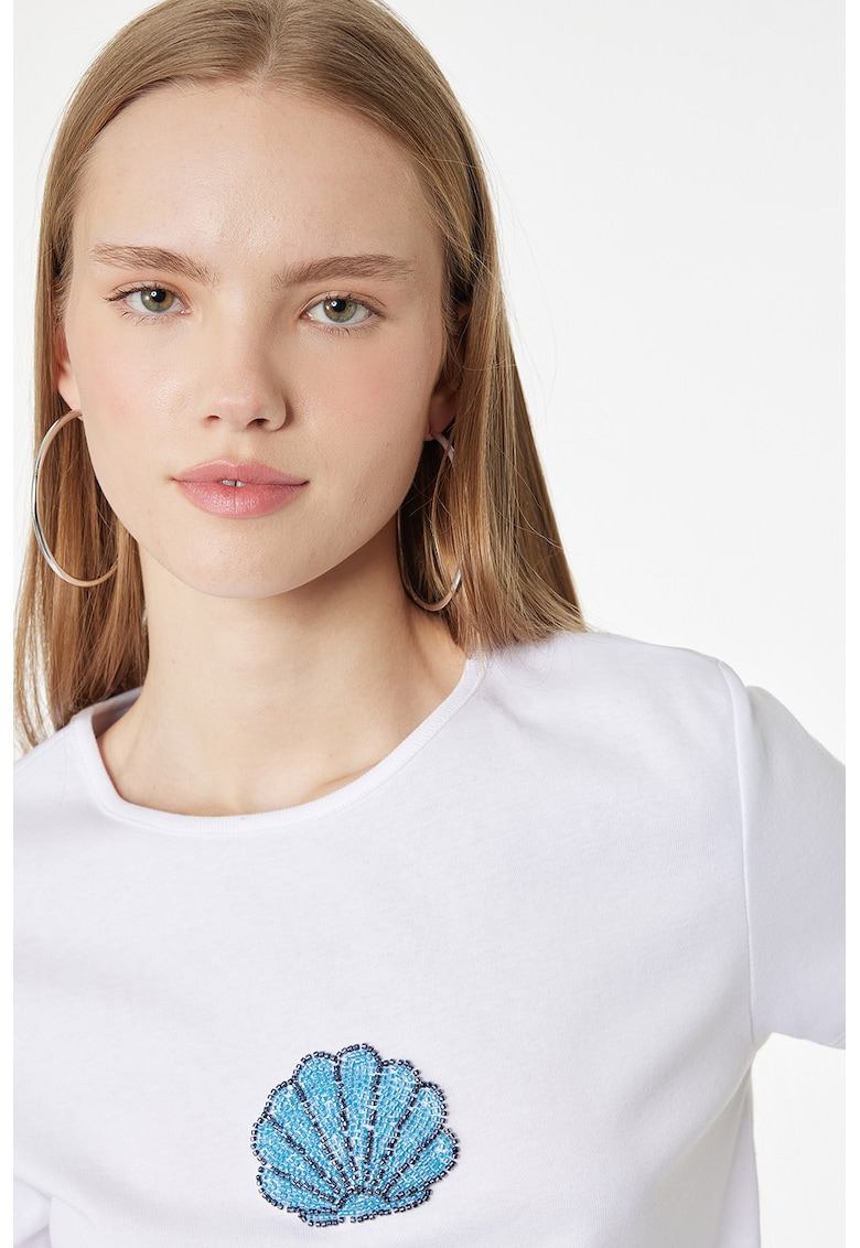 Tricou de bumbac cu margele - Albastru pastel/Alb optic