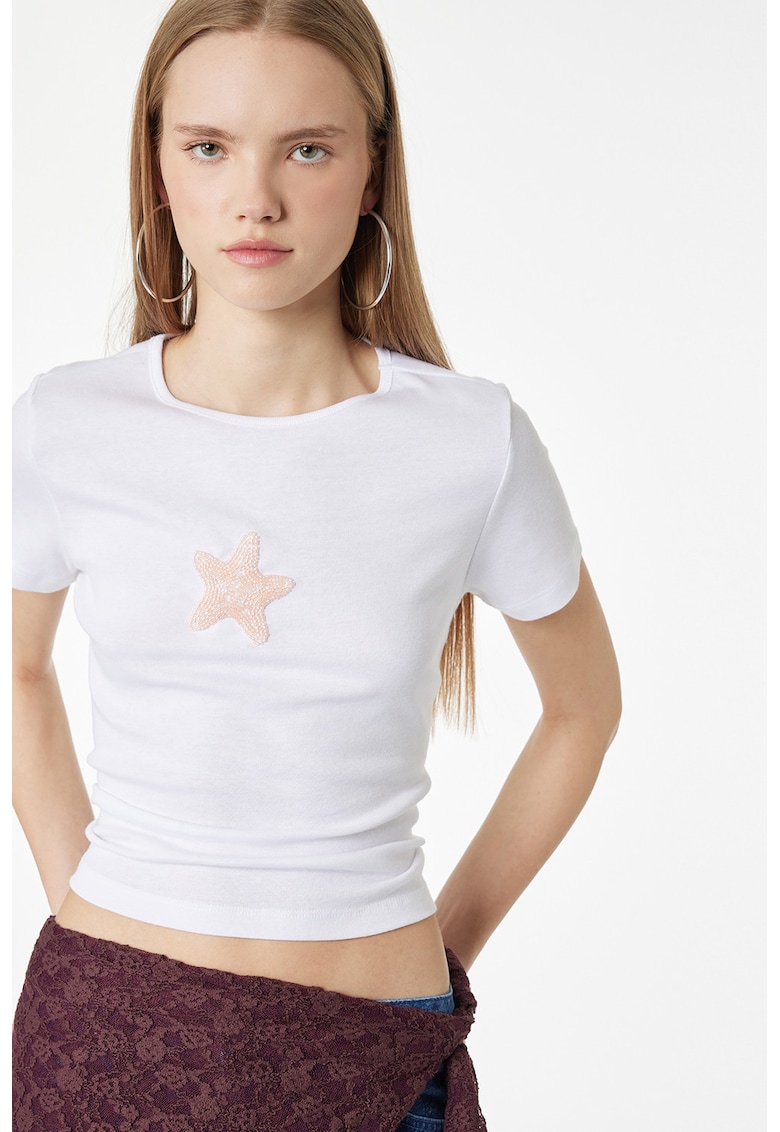 Top crop cu margele - Roz pastel/Alb optic