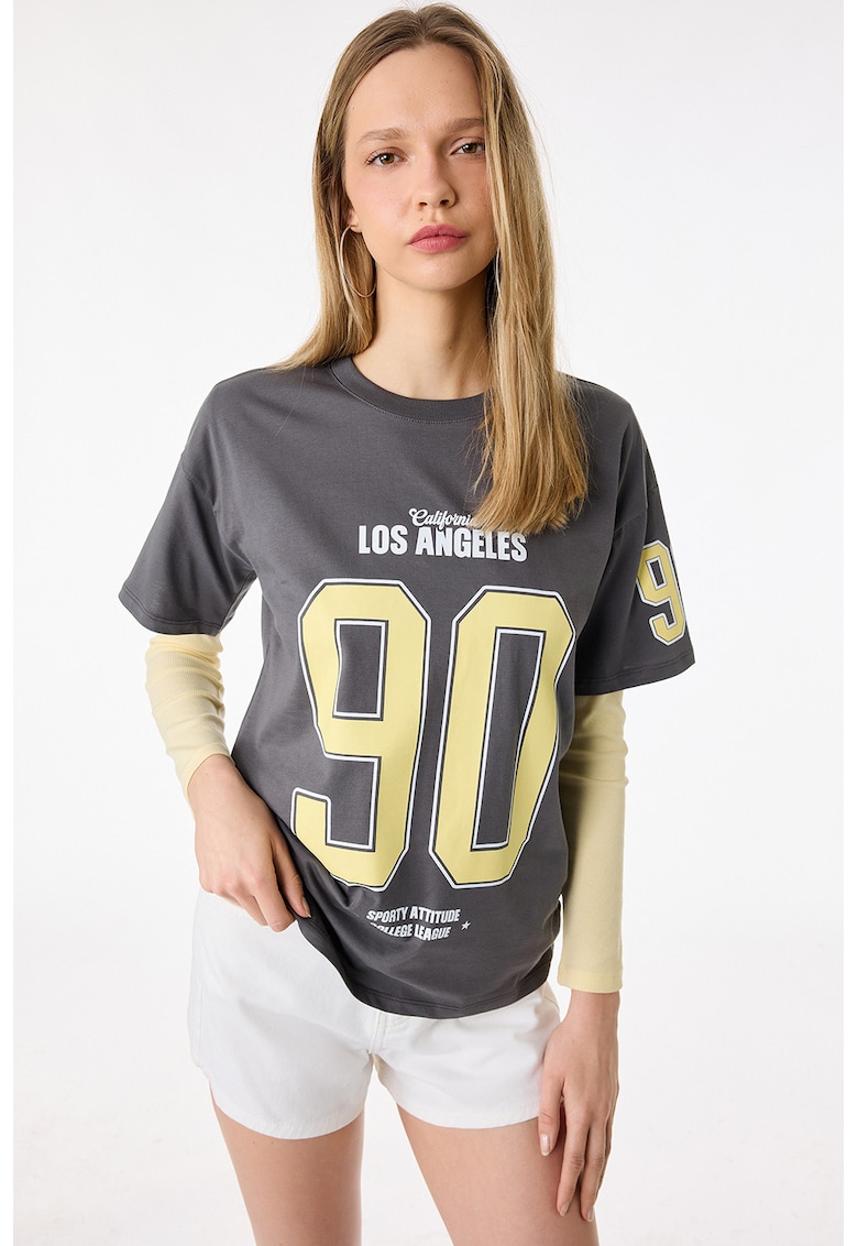 Tricou de bumbac cu imprimeu - Galben pal/Gri antracit