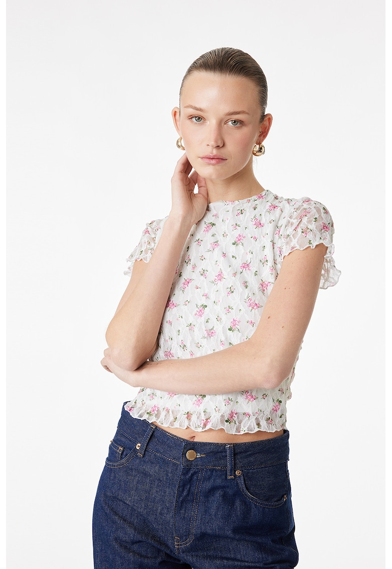 Tricou slim fit lejer cu model floral - Roz pastel/Verde pal/Alb optic