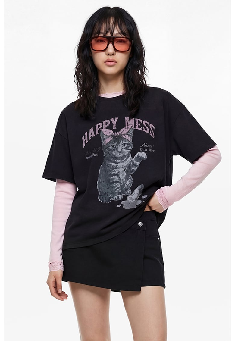 Tricou lejer de bumba cu imprimeu grafic - Negru/Negru stins/Roz prafuit