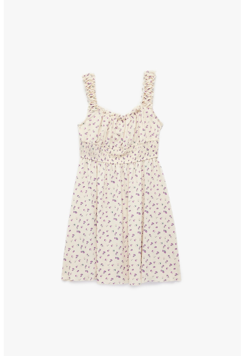 Rochie cu model floral si decolteu patrat - Violet/Bej deschis