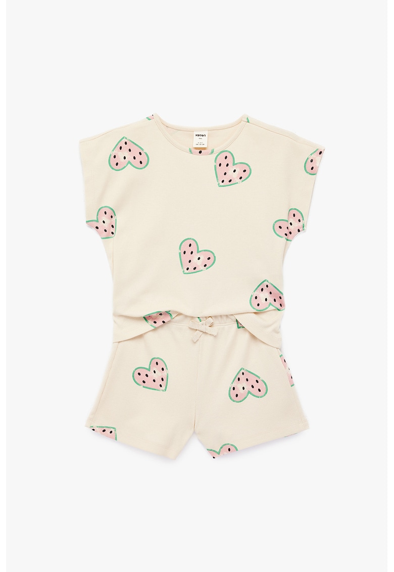 Set de tricou cu imprimeu cu inimi si pantaloni scurti - Roz pastel/Verde pal/Bej deschis