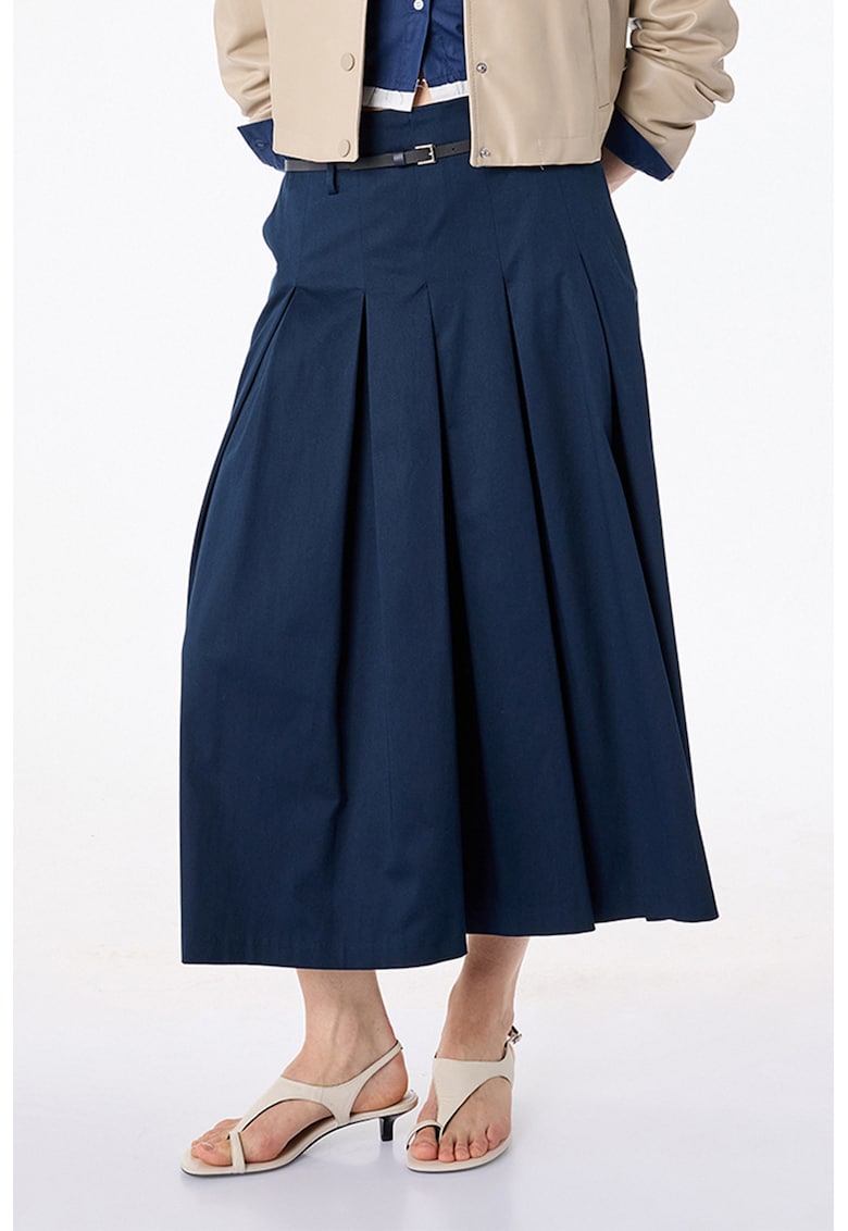 Fusta midi cu pliuri si curea - Bleumarin