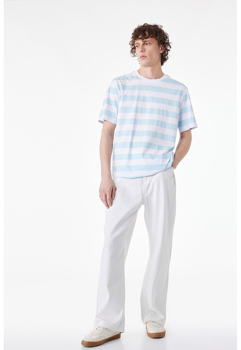 Tricou de bumbac cu dungi - Albastru pastel/Alb optic