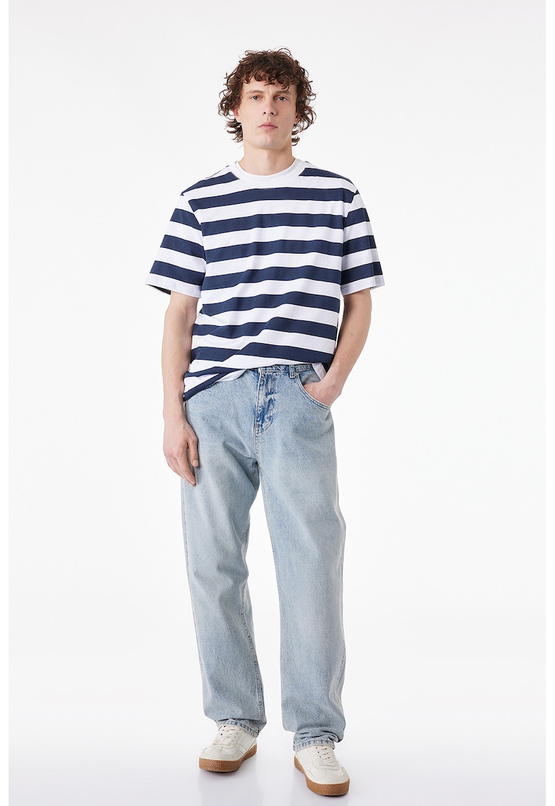 Tricou de bumbac cu dungi - Alb optic/Bleumarin