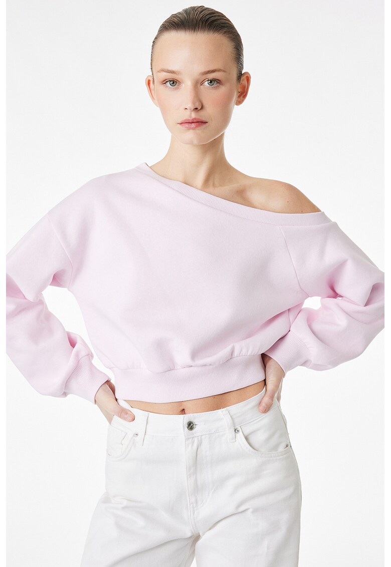 Bluza de trening crop cu decolteu pe un umar - Roz pastel