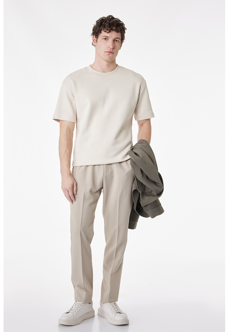 Tricou relaxed fit cu decolteu la baza gatului - Crem