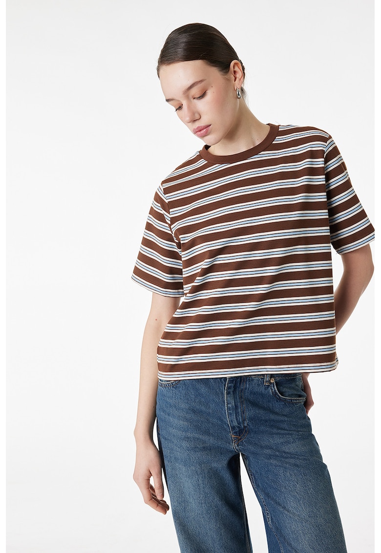 Tricou cu decolteu la baza gatului si dungi - Maro inchis/Albastru azur/Alb optic