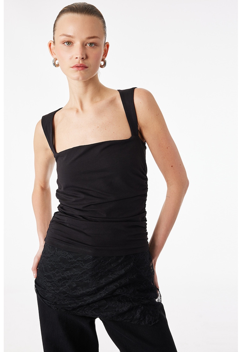 Top slim fit cu volane - Negru