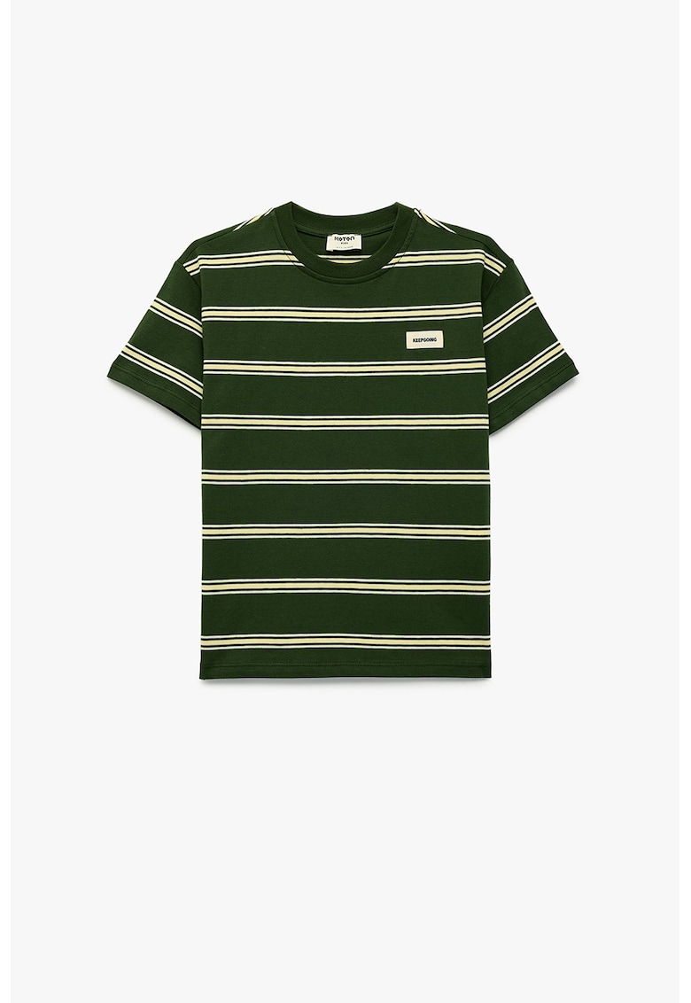 Tricou cu decolteu la baza gatului si dungi - Verde padure/Crem