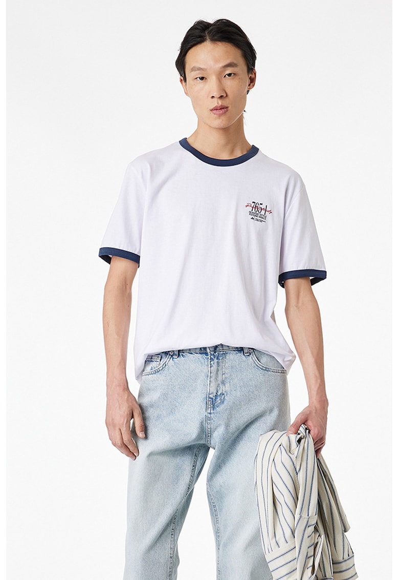 Tricou de bumbac cu decolteu la baza gatului - Alb/Albastru