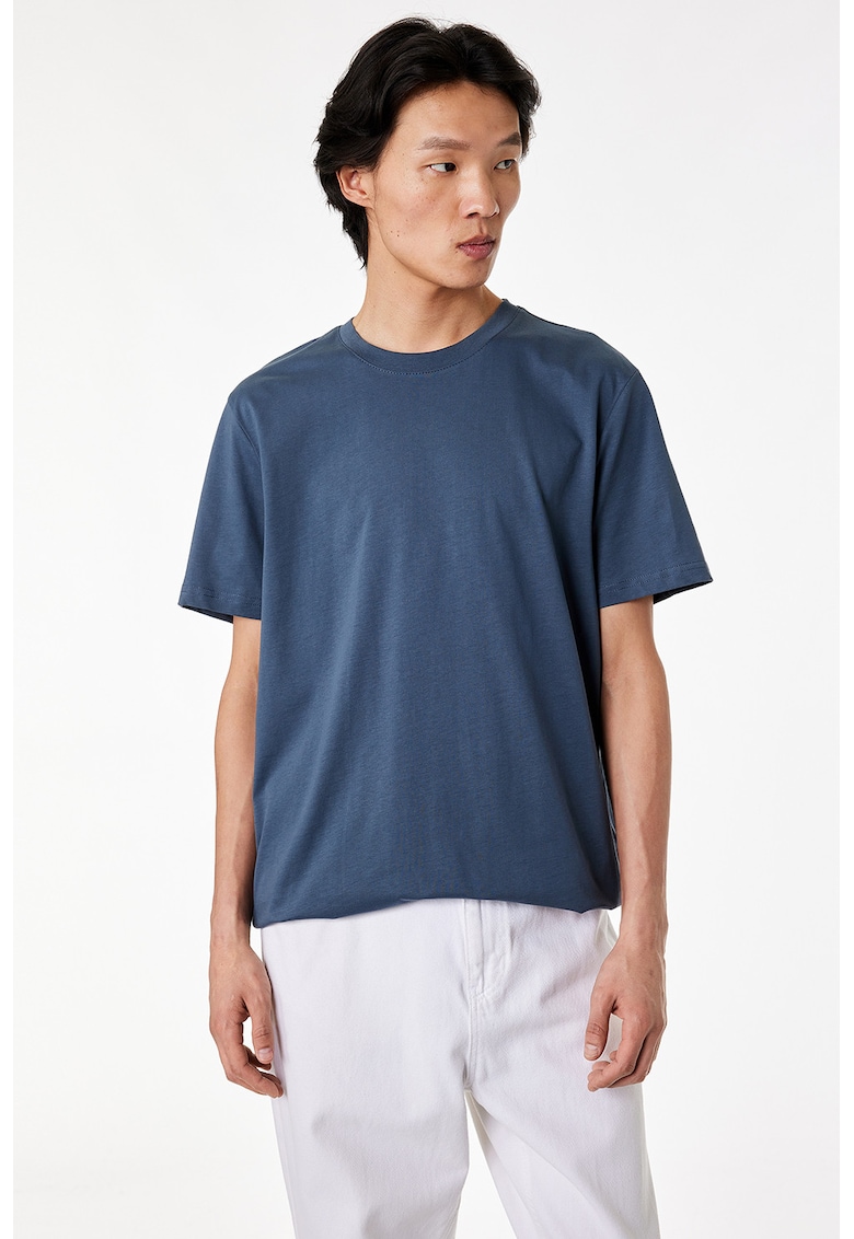 Tricou de bumbac cu decolteu la baza gatului - Bleumarin