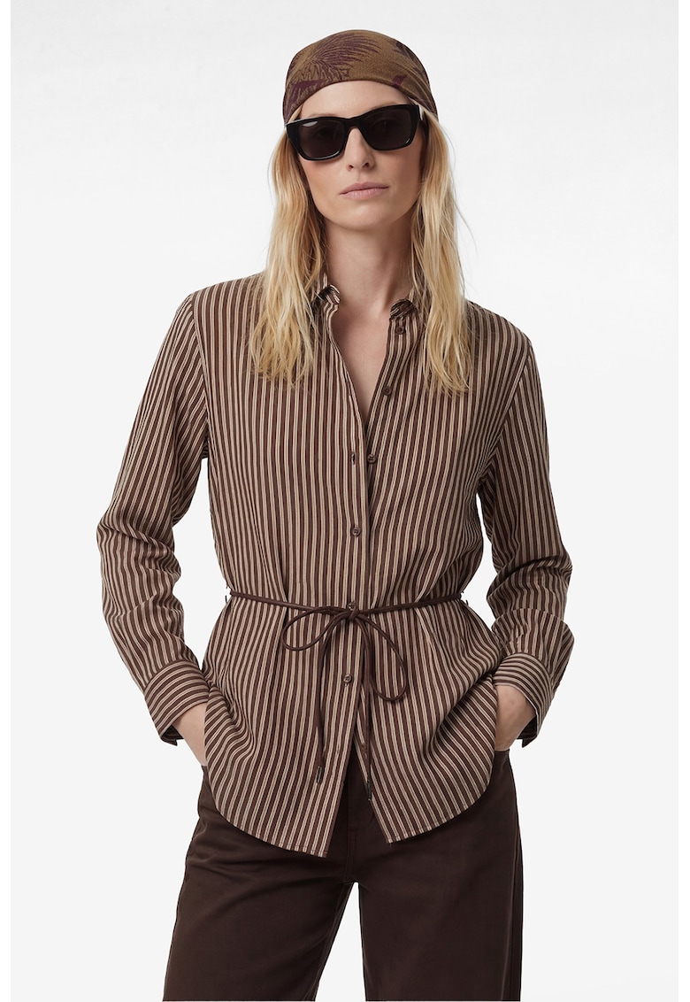 Camasa cu dungi si cordon in talie - Alb fildes/Maro pamantiu