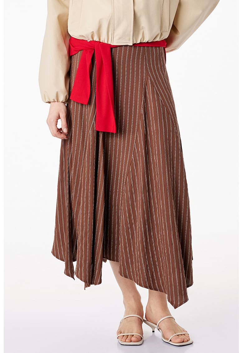 Fusta asimetrica midi cu dungi - Gri deschis/Maro pamantiu