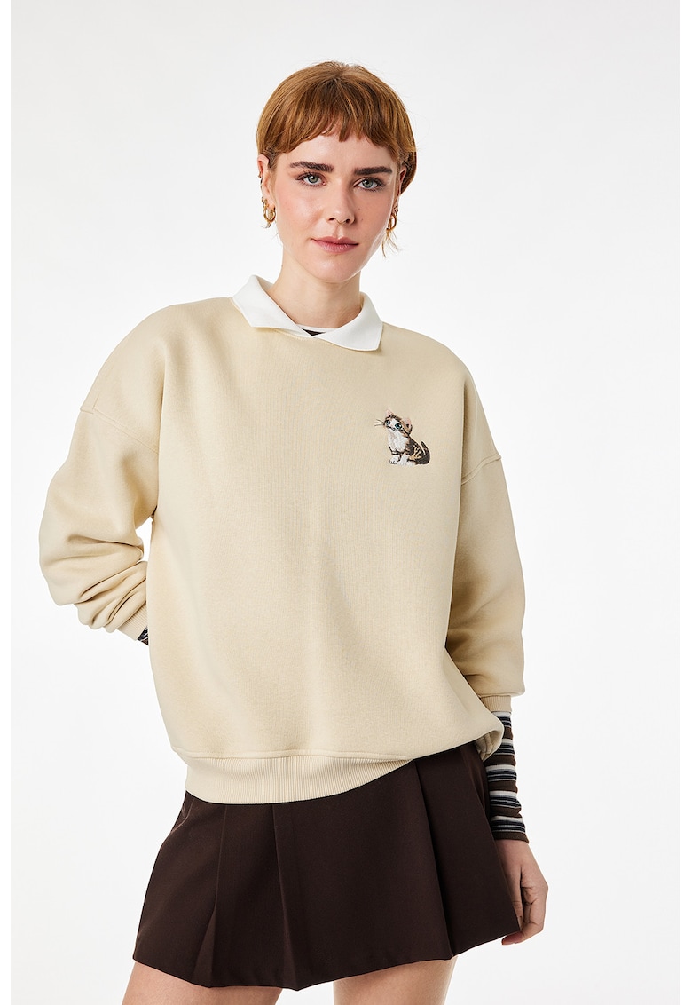 Bluza de trening din amestec de bumbac cu broderie cu pisica - Maro camel