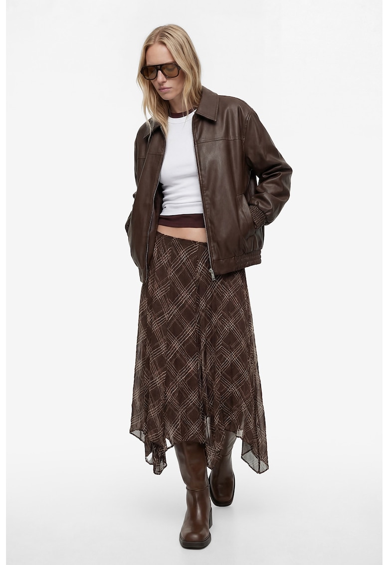 Fusta asimetrica in carouri - din sifon - Maro inchis/Crem