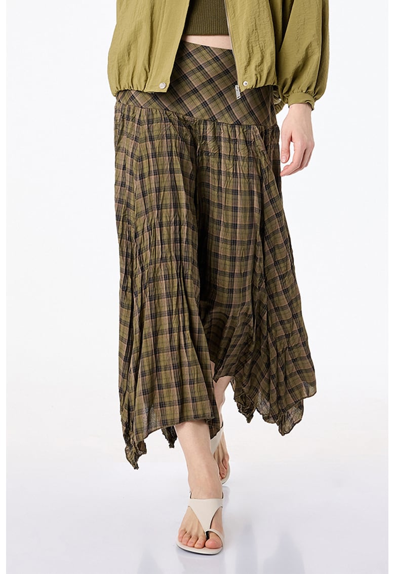 Fusta asimetrica cu model in carouri - Verde masliniu