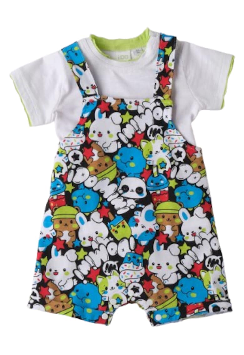 Compleu bebe iDO din bumbac cu tricou si salopeta cu imprimeu multicolor