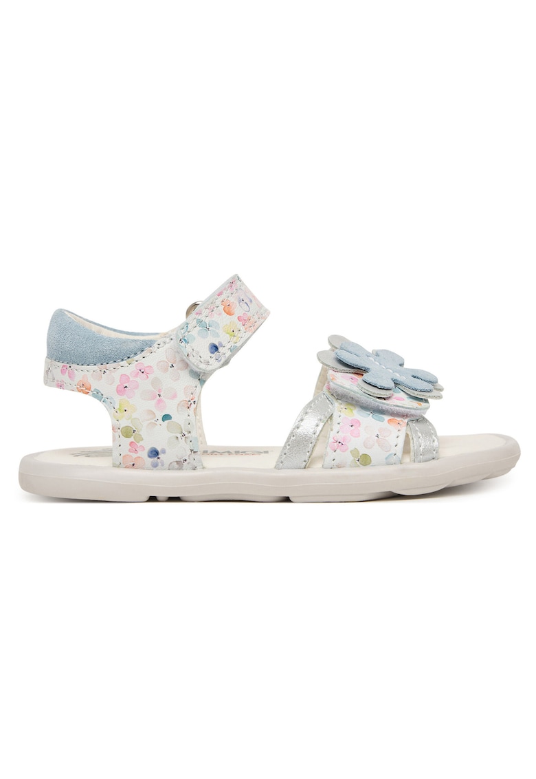Sandale fete piele naturala - alb cu flori multicolore