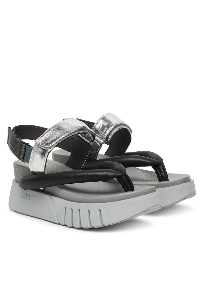 Sandale dama - piele naturala - gri/negru - sistem inchidere Velcro