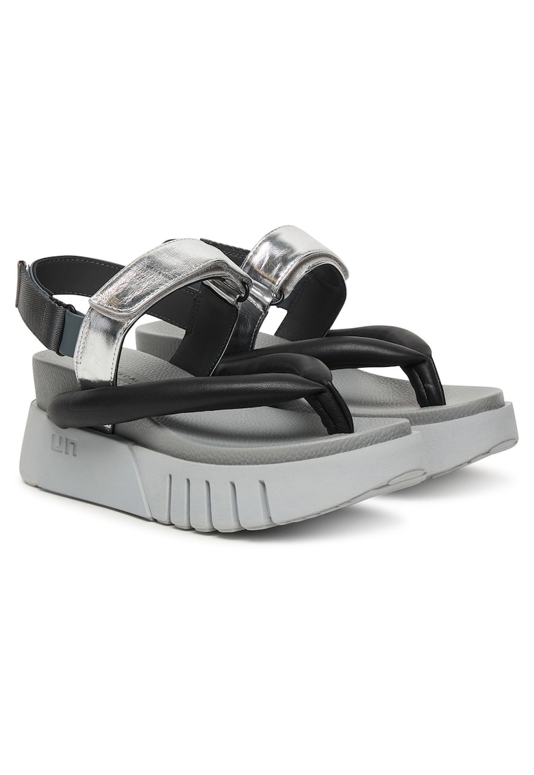 Sandale dama - piele naturala - gri/negru - sistem inchidere Velcro