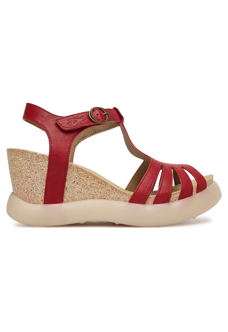 Sandale dama - piele naturala - rosu/bej - sistem inchidere Velcro