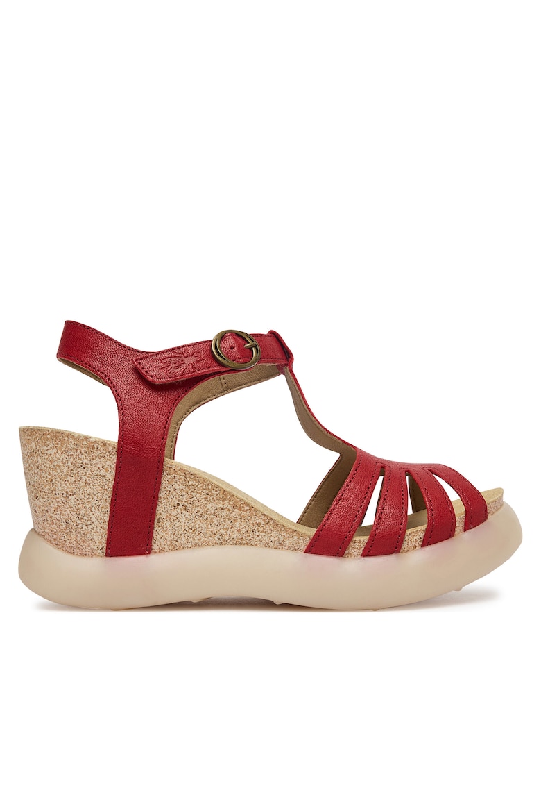 Sandale dama - piele naturala - rosu/bej - sistem inchidere Velcro