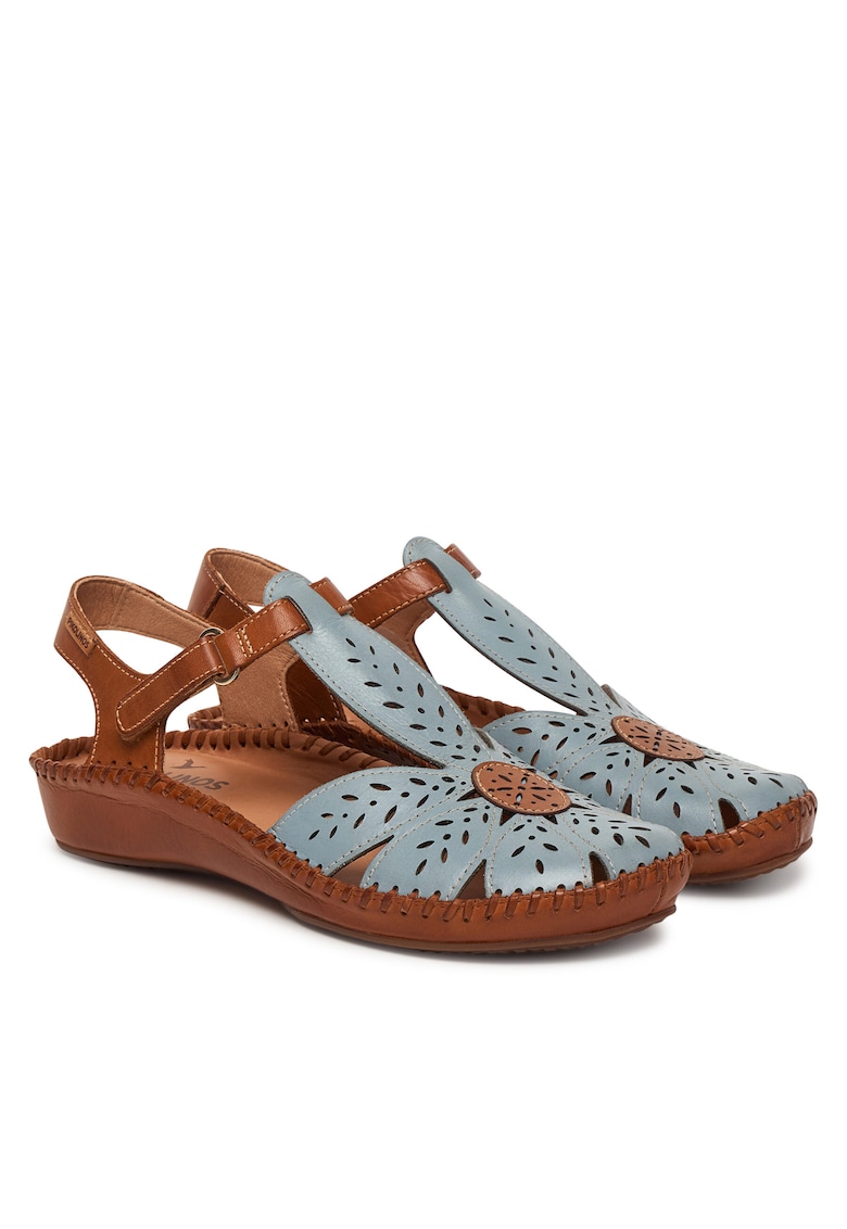 Sandale dama - piele naturala - albastru/maro - sistem inchidere Velcro